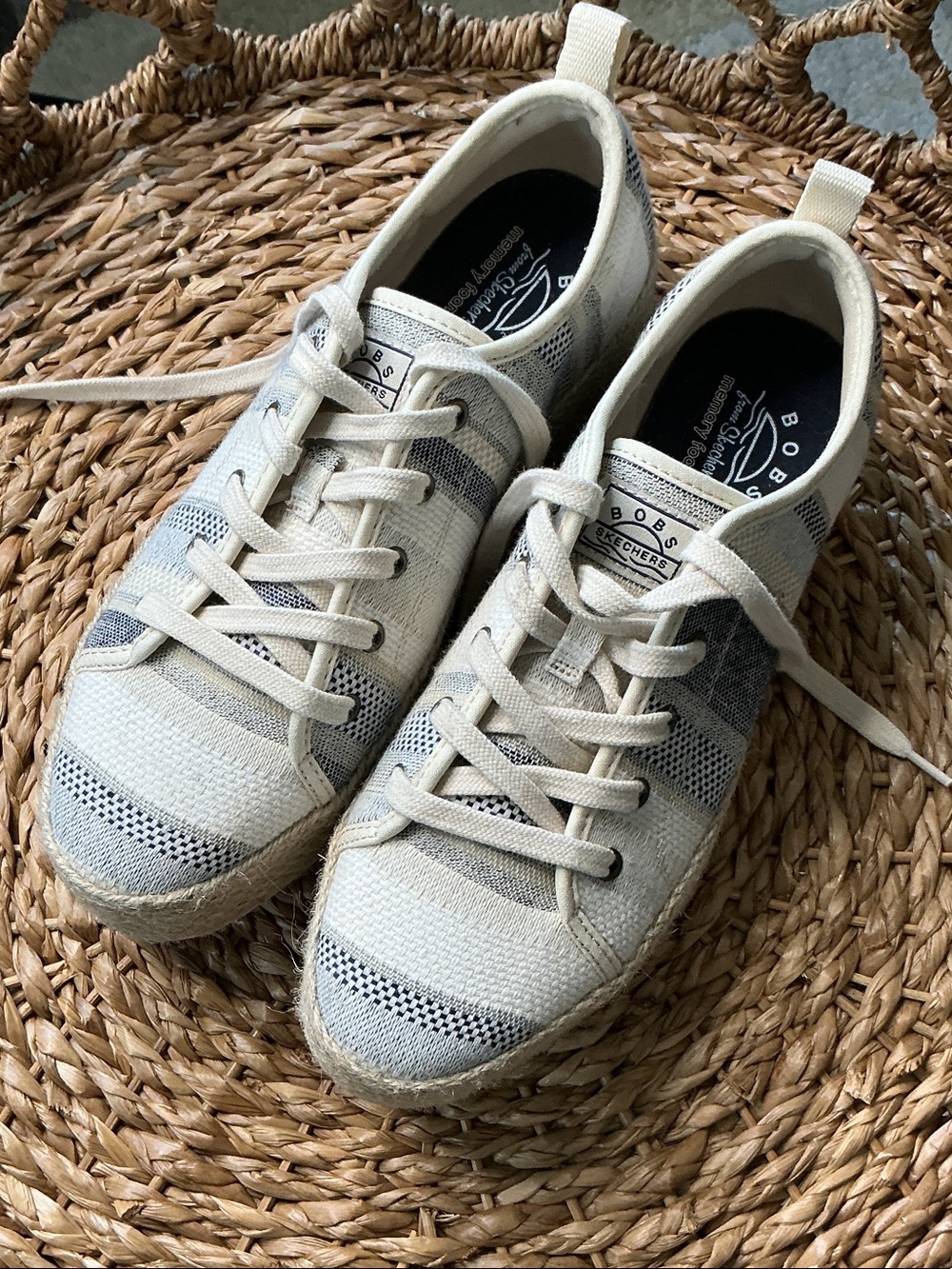 BOBS by Skechers Cream, Gary, and Navy Striped Espadrille Platform sneakers